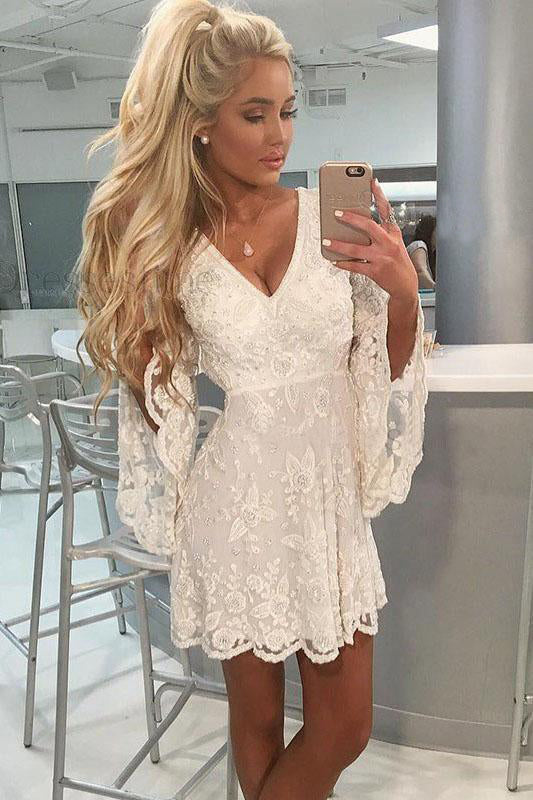 Bell Sleeves Ivory Lace A-Line Short Homecoming Dress Graduation Dresses