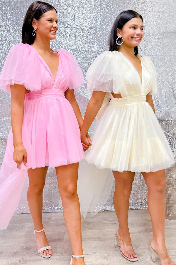 A-Line V-Neck Pink Homecoming Dress with Flutter Sleeves