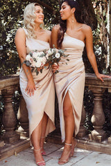 Asymmetrical Satin White One Shoulder Bridesmaid Dress