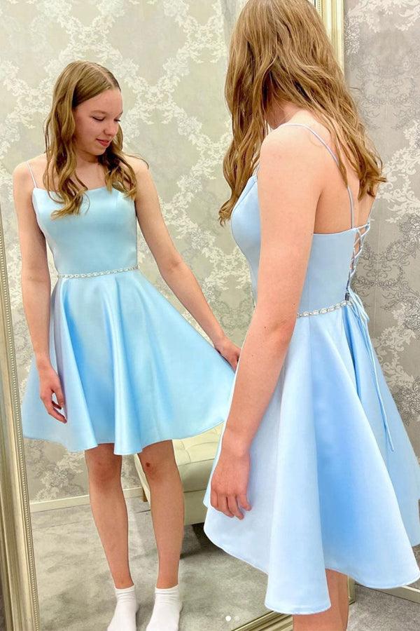 Blue Satin Beaded Short Prom Dress Blue Homecoming Dress