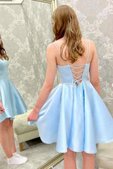 Blue Satin Beaded Short Prom Dress Blue Homecoming Dress