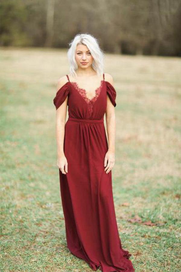 Burgundy Long Chiffon Bridesmaid Dress, Wedding Party Dress