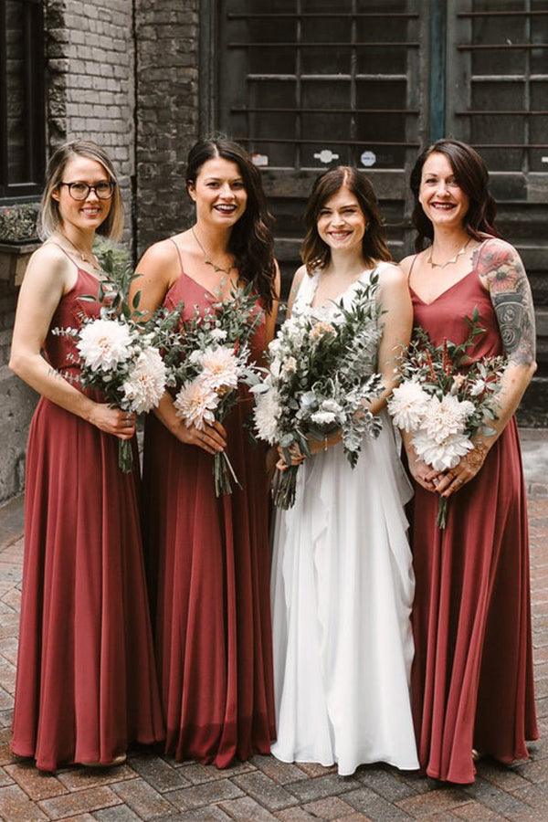 A-line Chiffon Long Bridesmaid Dresses, Spaghetti Straps, Gowns