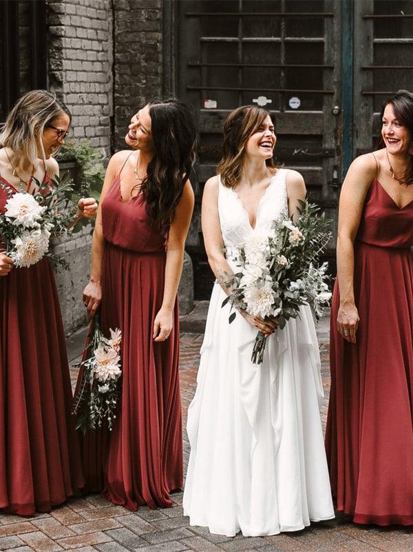 A-line Chiffon Long Bridesmaid Dresses, Spaghetti Straps, Gowns