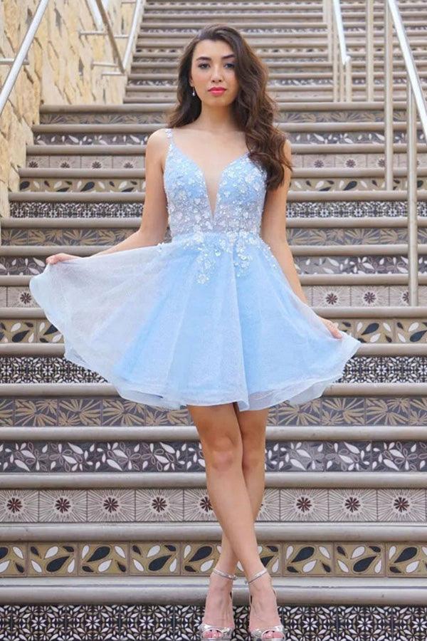 Cute V-Neck Light Blue Lace Floral Short Prom/Homecoming Dress