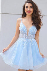 Cute V-Neck Light Blue Lace Floral Short Prom/Homecoming Dress