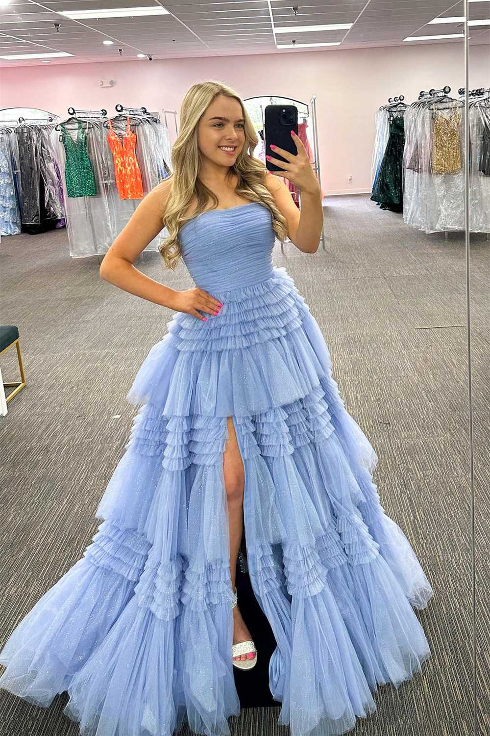 A-Line Strapless Tulle Long Prom Dress with Ruched Ruffles