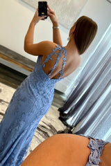 Mermaid Sheath One Shoulder Lace Long Prom Dress with Slit