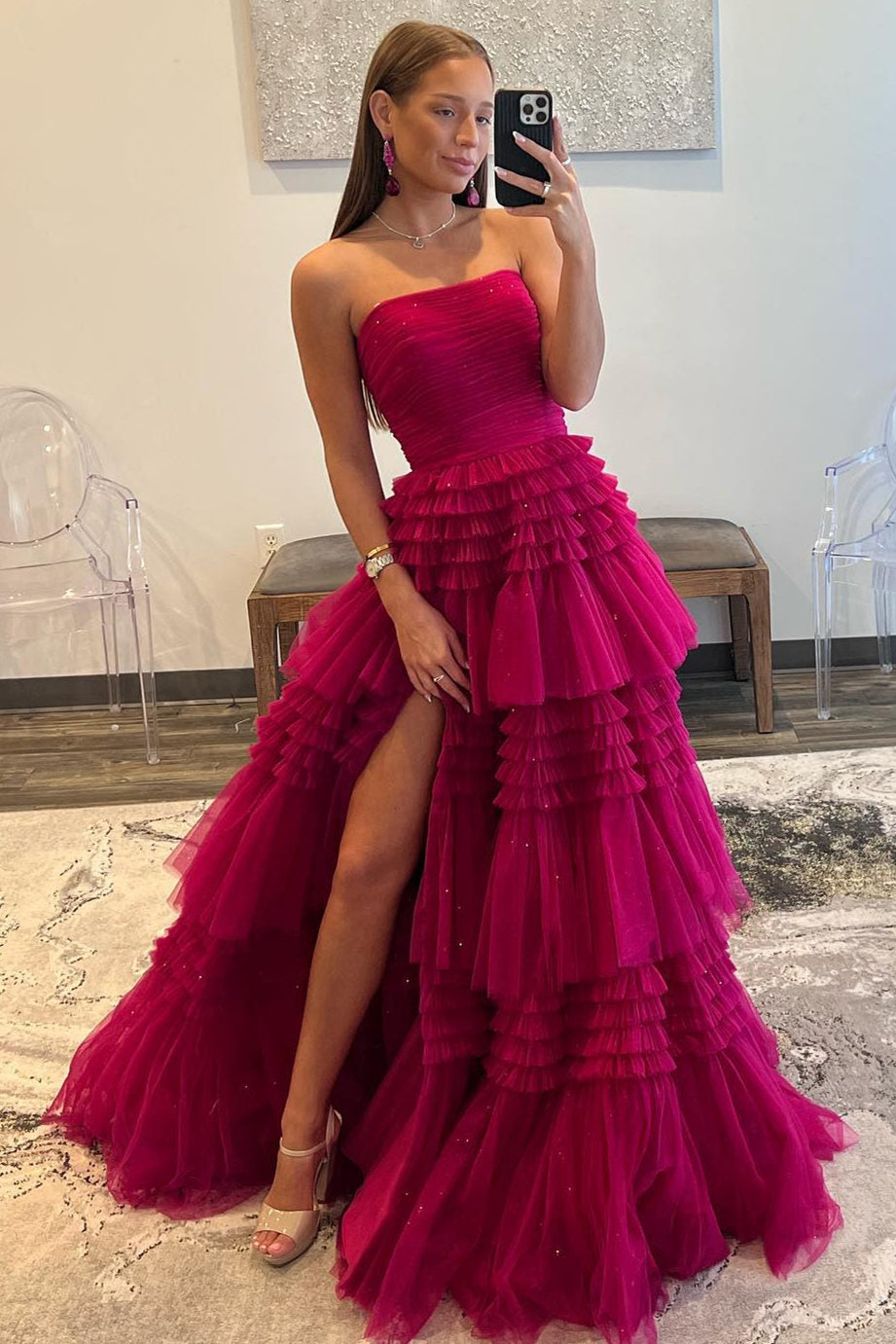 A-Line Strapless Tulle Long Prom Dress with Ruched Ruffles