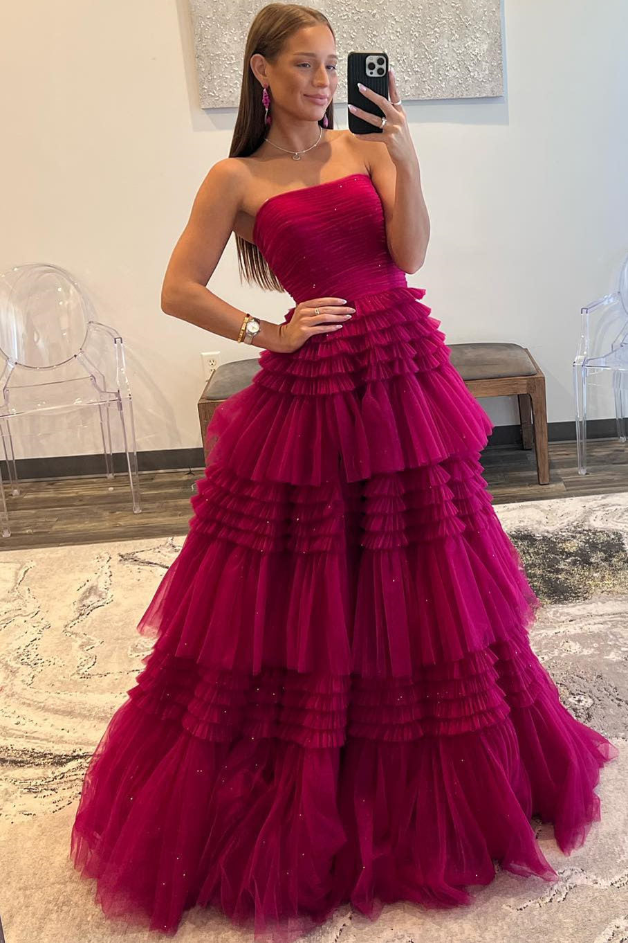 A-Line Strapless Tulle Long Prom Dress with Ruched Ruffles