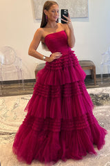 A-Line Strapless Tulle Long Prom Dress with Ruched Ruffles