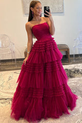 A-Line Strapless Tulle Long Prom Dress with Ruched Ruffles