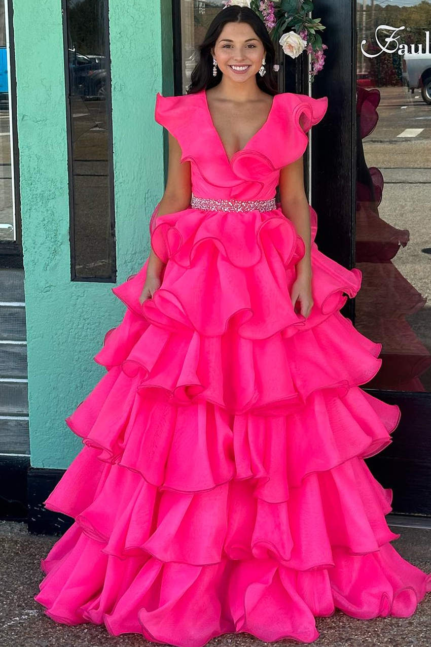 Hot Cute Pink V-Neck Ruffle Ruched Long Prom Dress with Beaded Waist