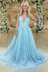 A line Plunging V Neck Sequins Prom Dress