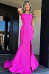 Strapless Maganta Ruffle Mermaid Sheath Slit Long Prom Dress