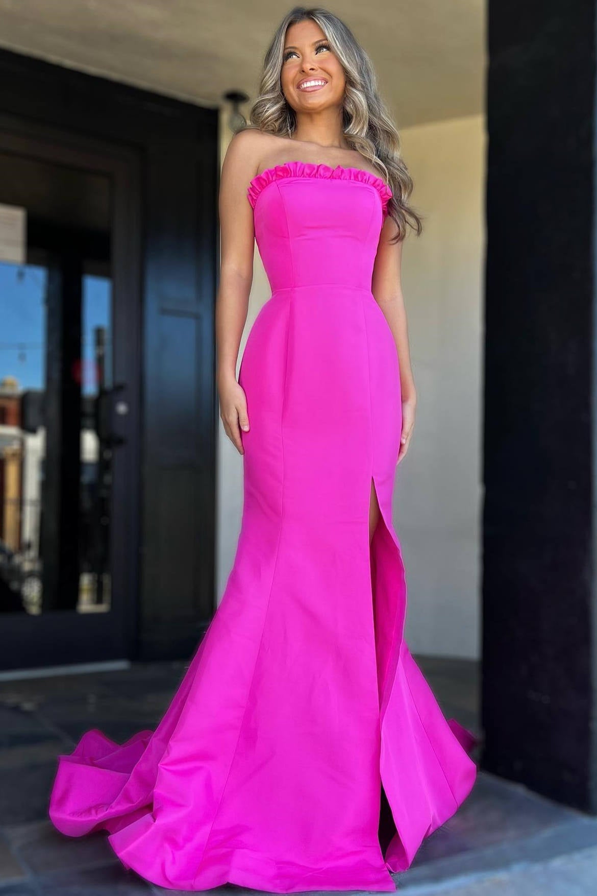 Strapless Maganta Ruffle Mermaid Sheath Slit Long Prom Dress