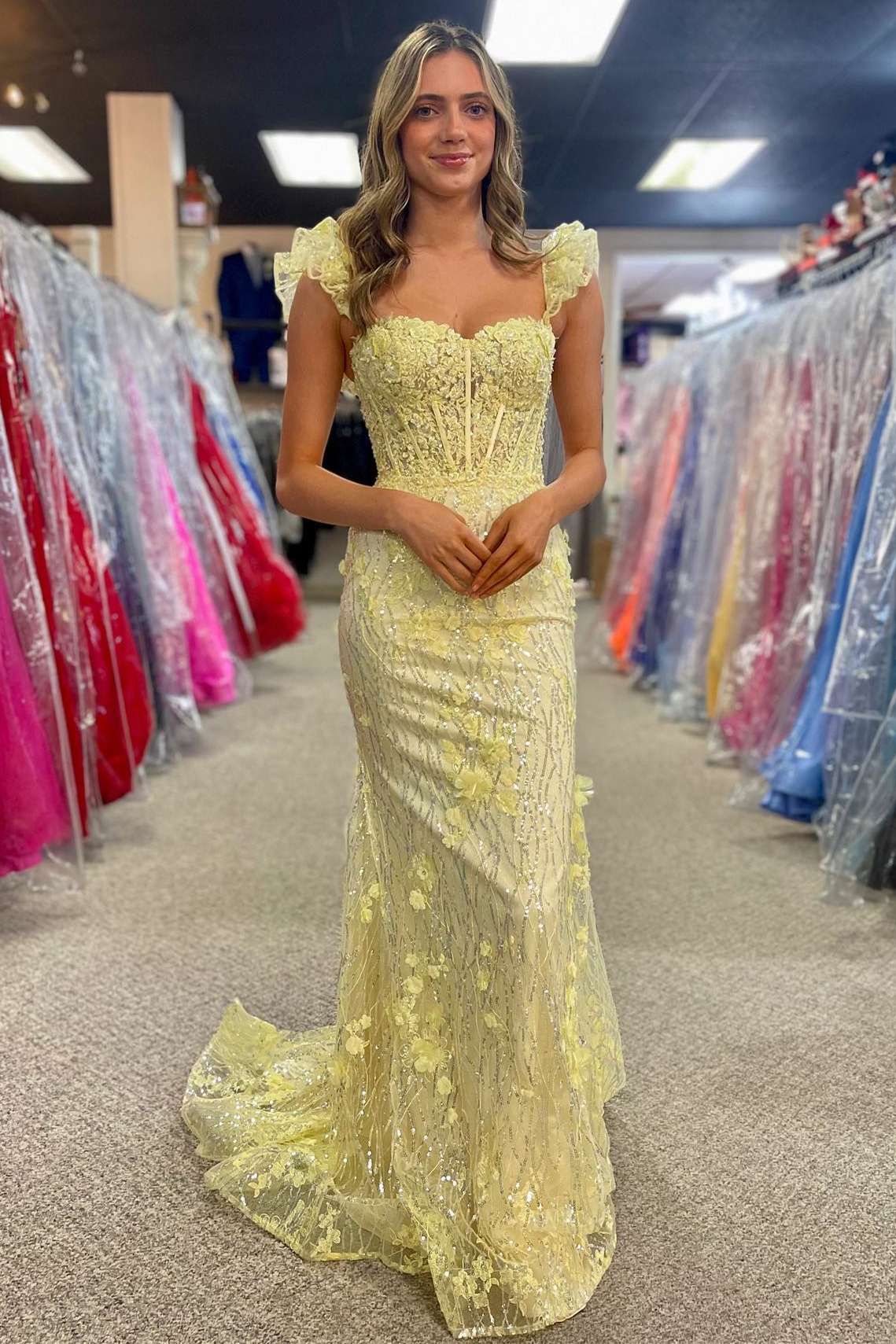 Yellow Ruffle Straps 3D Flower Mermaid Sheath Long Prom Dress