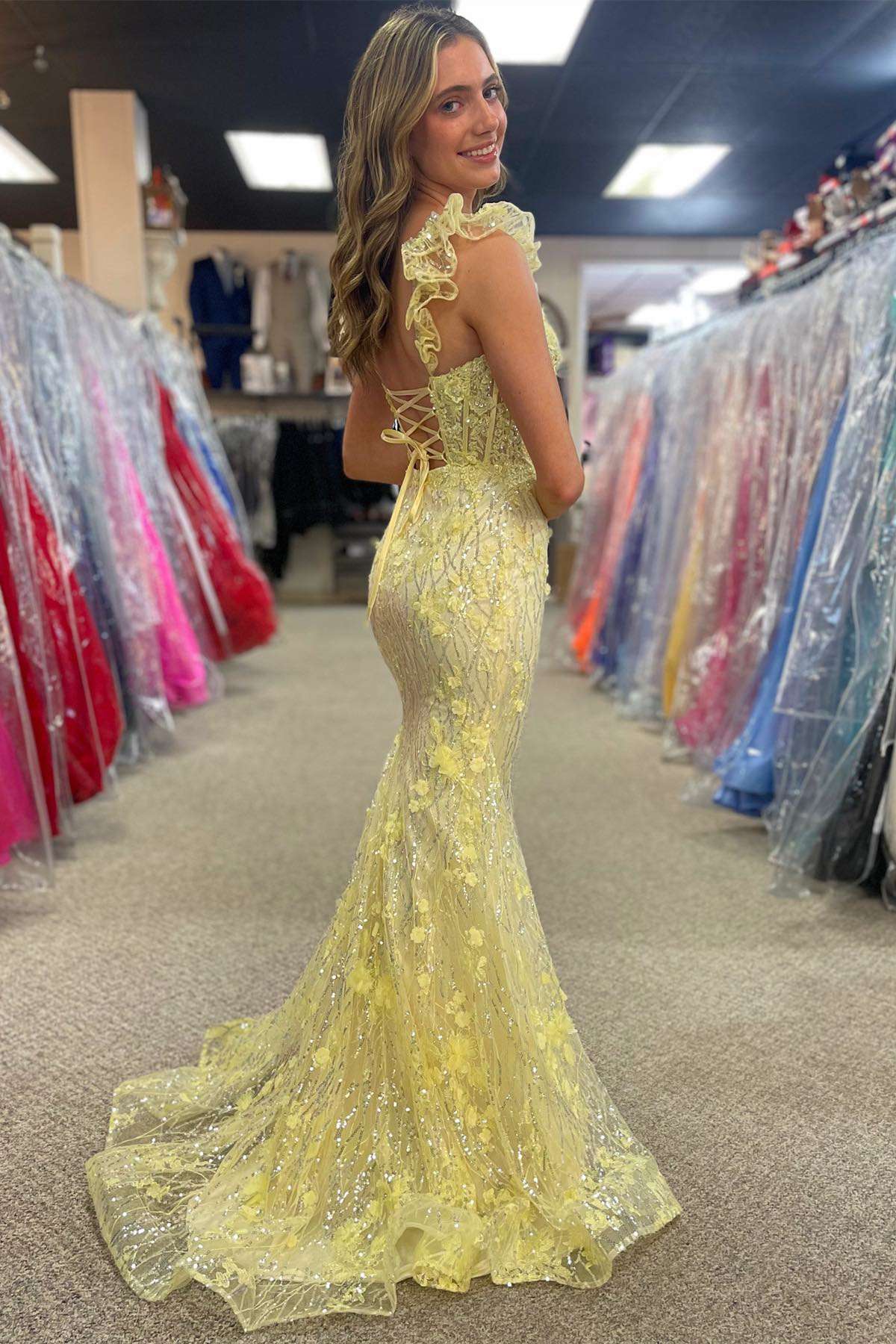 Yellow Ruffle Straps 3D Flower Mermaid Sheath Long Prom Dress