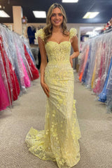 Yellow Ruffle Straps 3D Flower Mermaid Sheath Long Prom Dress