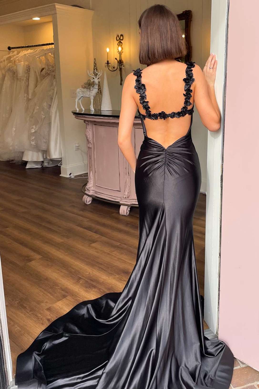 Black Straps Floral Mermaid Sheath Long Prom Dress