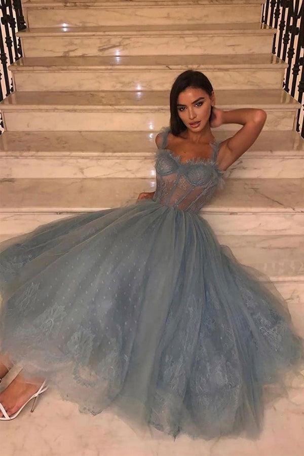 Gray Blue Tulle Lace Tea Length Prom Dress Homecoming Dress