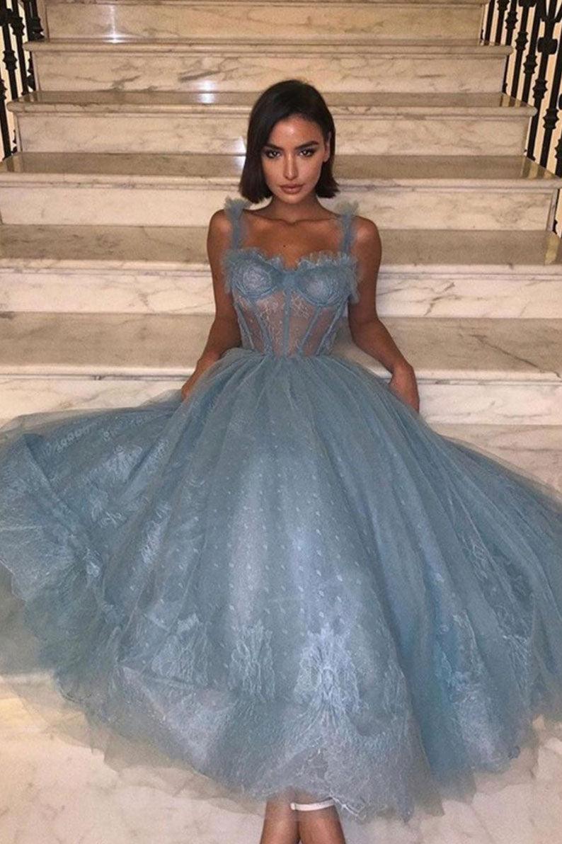 Gray Blue Tulle Lace Tea Length Prom Dress Homecoming Dress