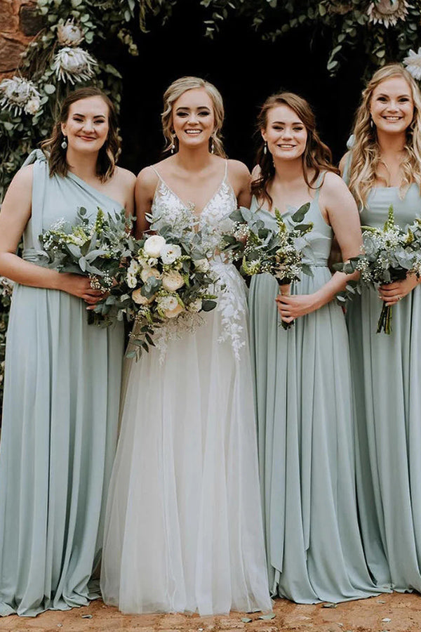 Grey Green One Shoulder Chiffon Sweep Train Bridesmaid Dress