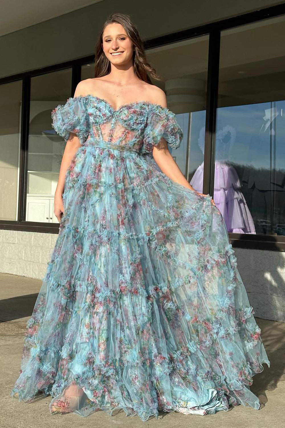 A Line Sweetheart Printed Tulle Long Prom Dress