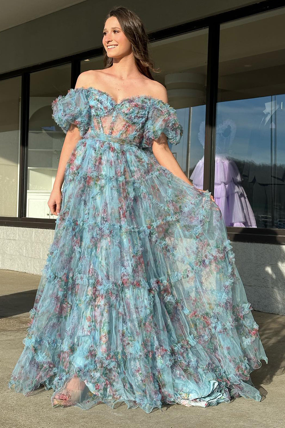 A Line Sweetheart Printed Tulle Long Prom Dress