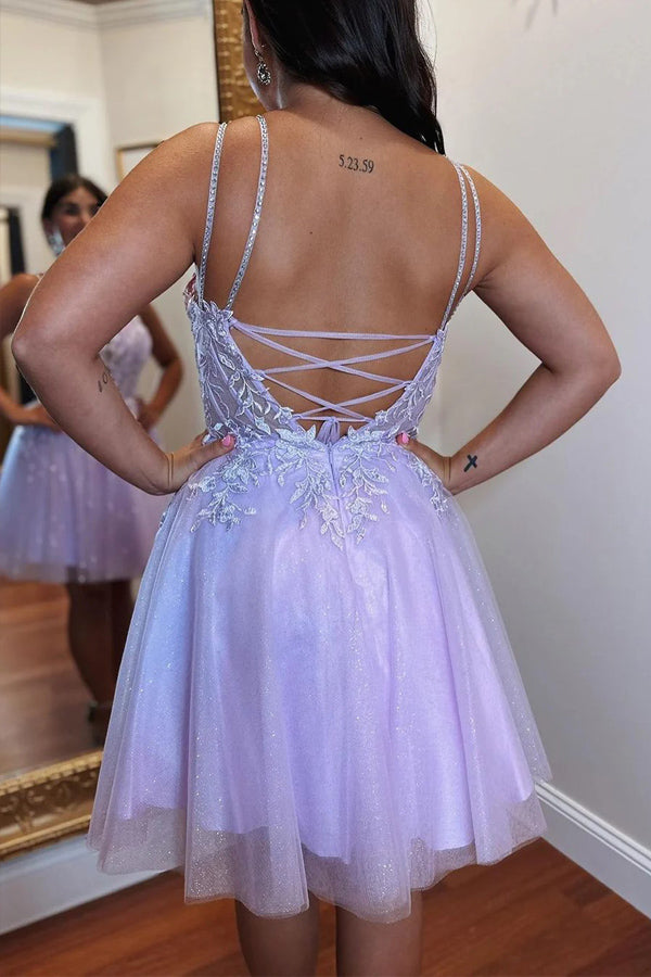 A-Line Appliques Lace-Up Tulle Lavender Homecoming Dress