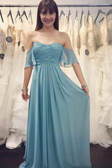 Blue Chiffon Long Off-the-Shoulder Ruched Bridesmaid Dress