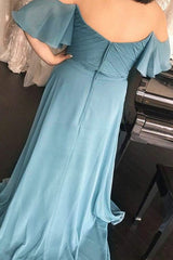 Blue Chiffon Long Off-the-Shoulder Ruched Bridesmaid Dress