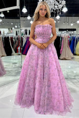 A line Strapless Printed Glitter Tulle Prom Dress