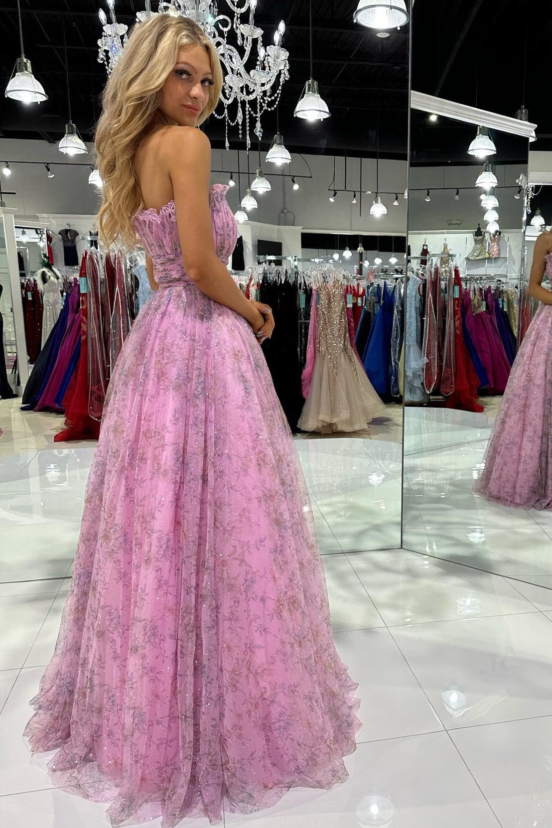 A line Strapless Printed Glitter Tulle Prom Dress