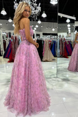 A line Strapless Printed Glitter Tulle Prom Dress