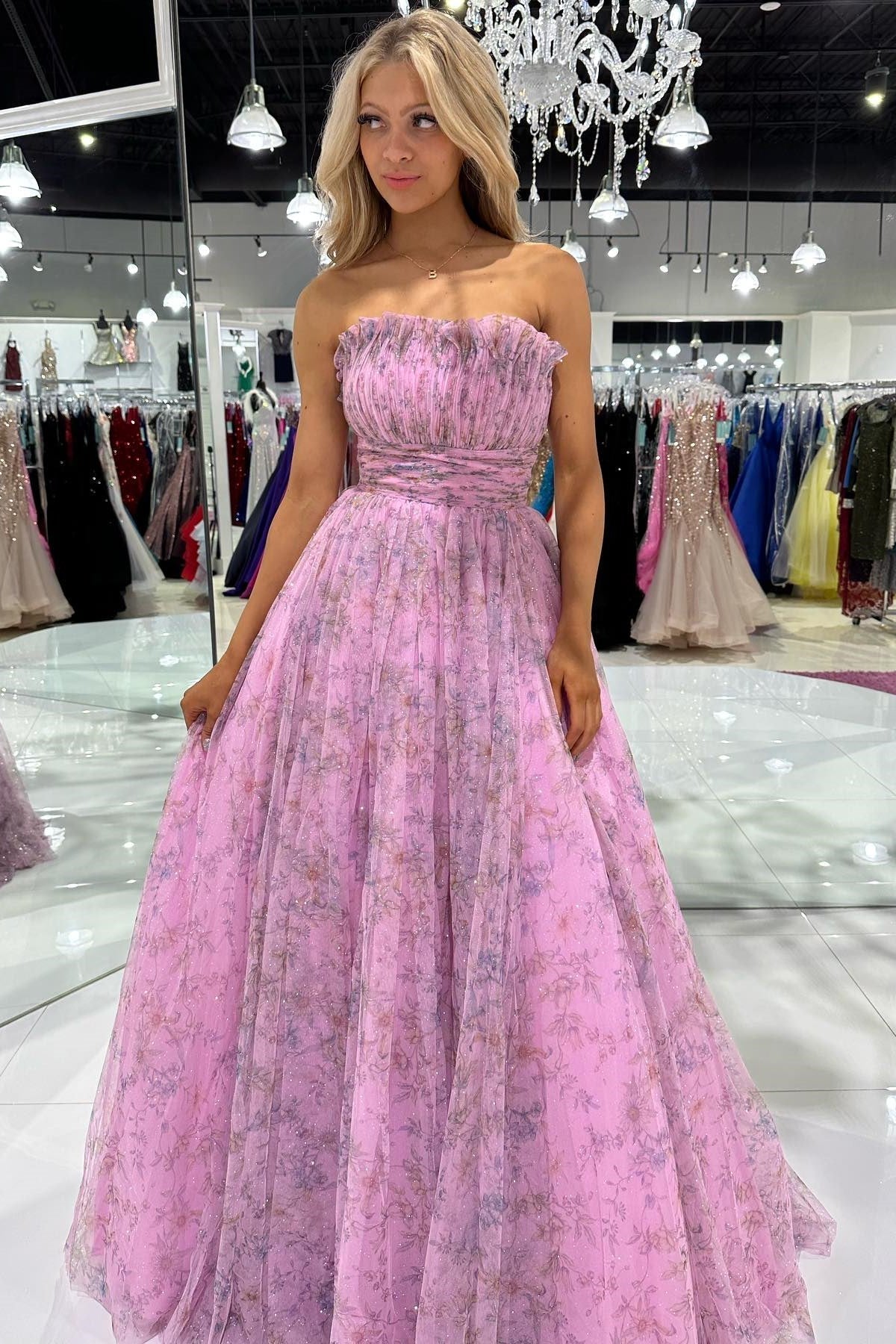 A line Strapless Printed Glitter Tulle Prom Dress