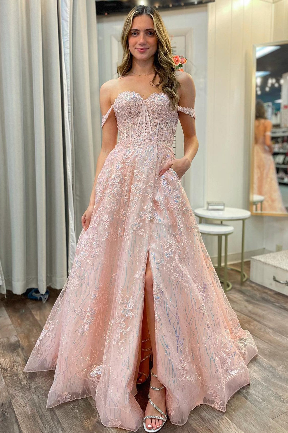 Cute Pink Appliqued Off-the-Shoulder A-Line Long Prom Dress