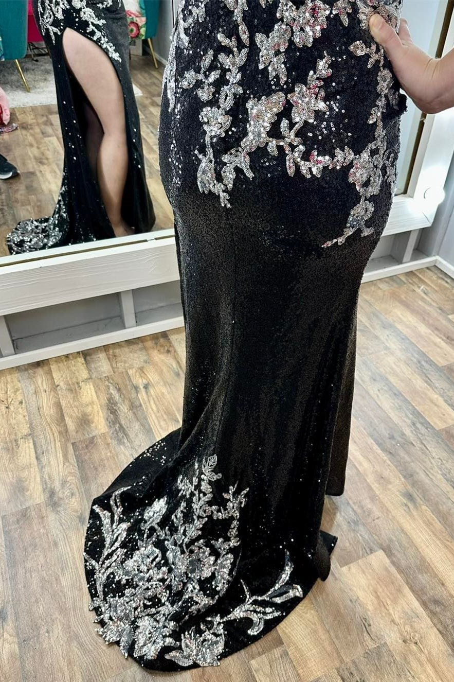 Black Sequin Appliqued Spaghetti Strap Long Prom Dress with Slit