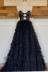 Black Strapless Bow Ruffle Long Prom Dress with Slit