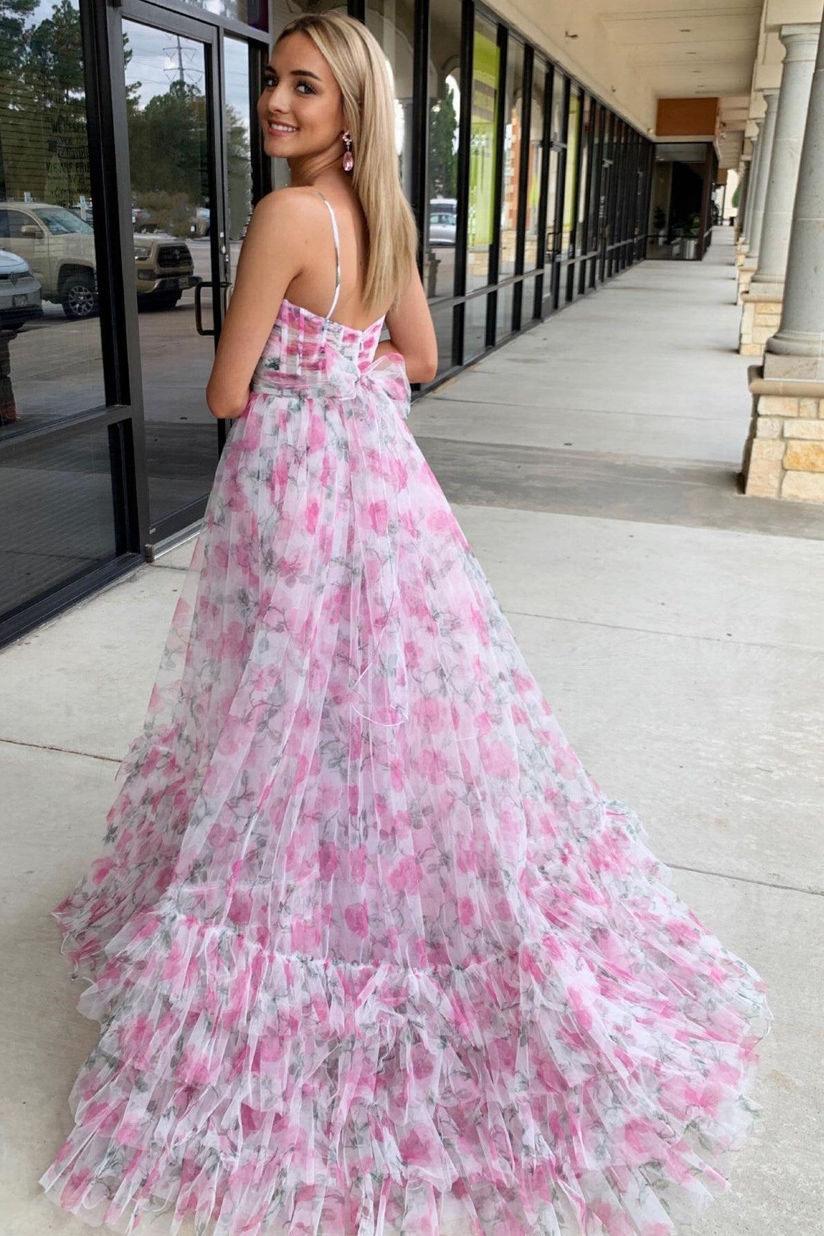 Cute Pink Print Halter Keyhole A-Line Long Prom Dress