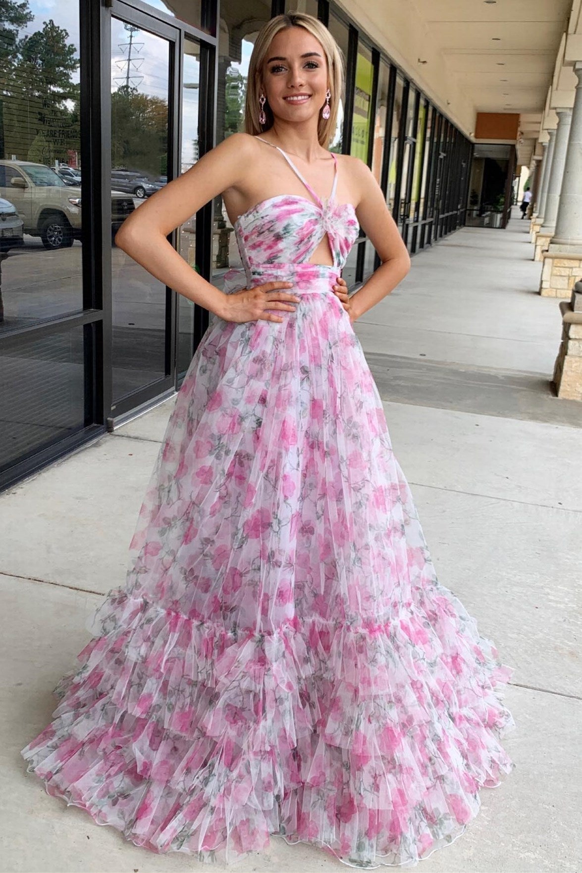 Cute Pink Print Halter Keyhole A-Line Long Prom Dress