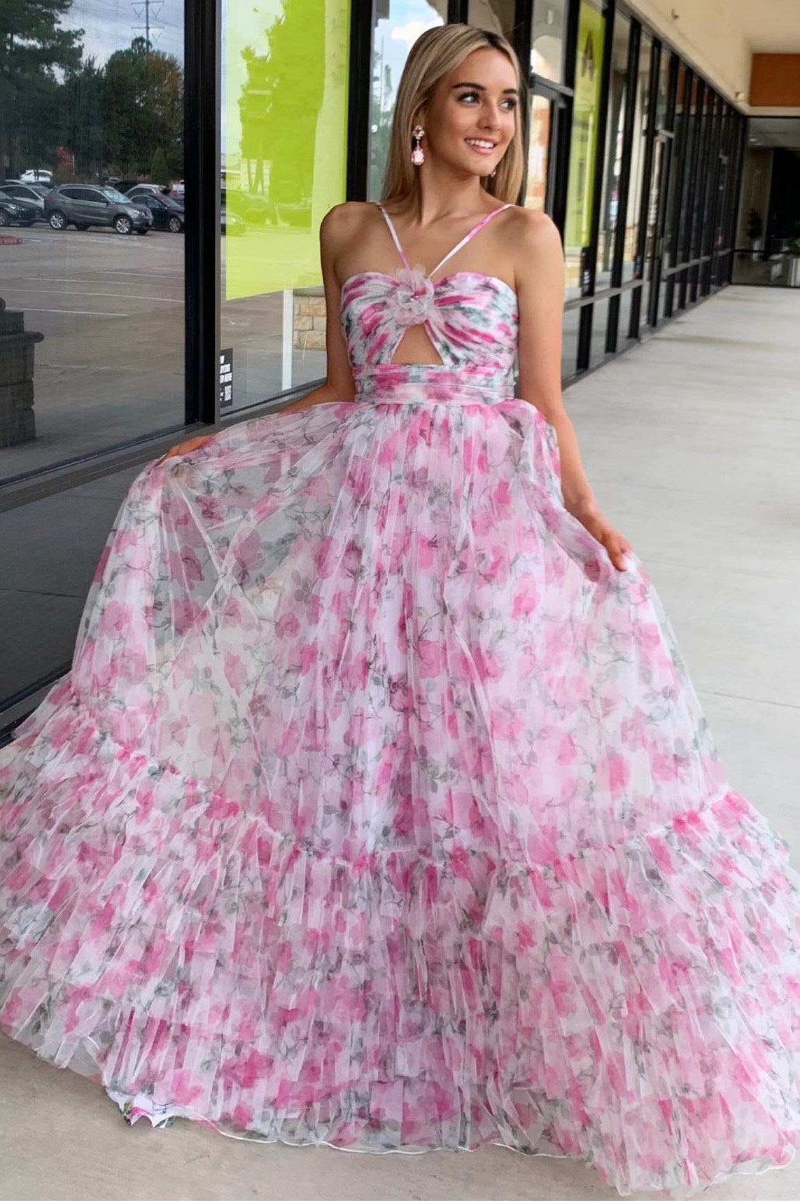 Cute Pink Print Halter Keyhole A-Line Long Prom Dress