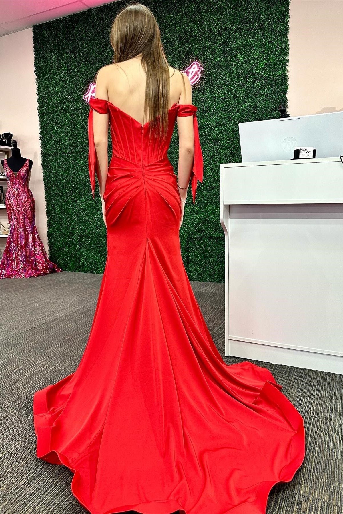 Red Off-the-Shoulder Bow Sleeve Mermaid Sheath Long Prom Dress with Slit