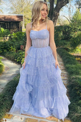 Lavender Tulle Sequin Ruffle Ruched Long Prom Dress