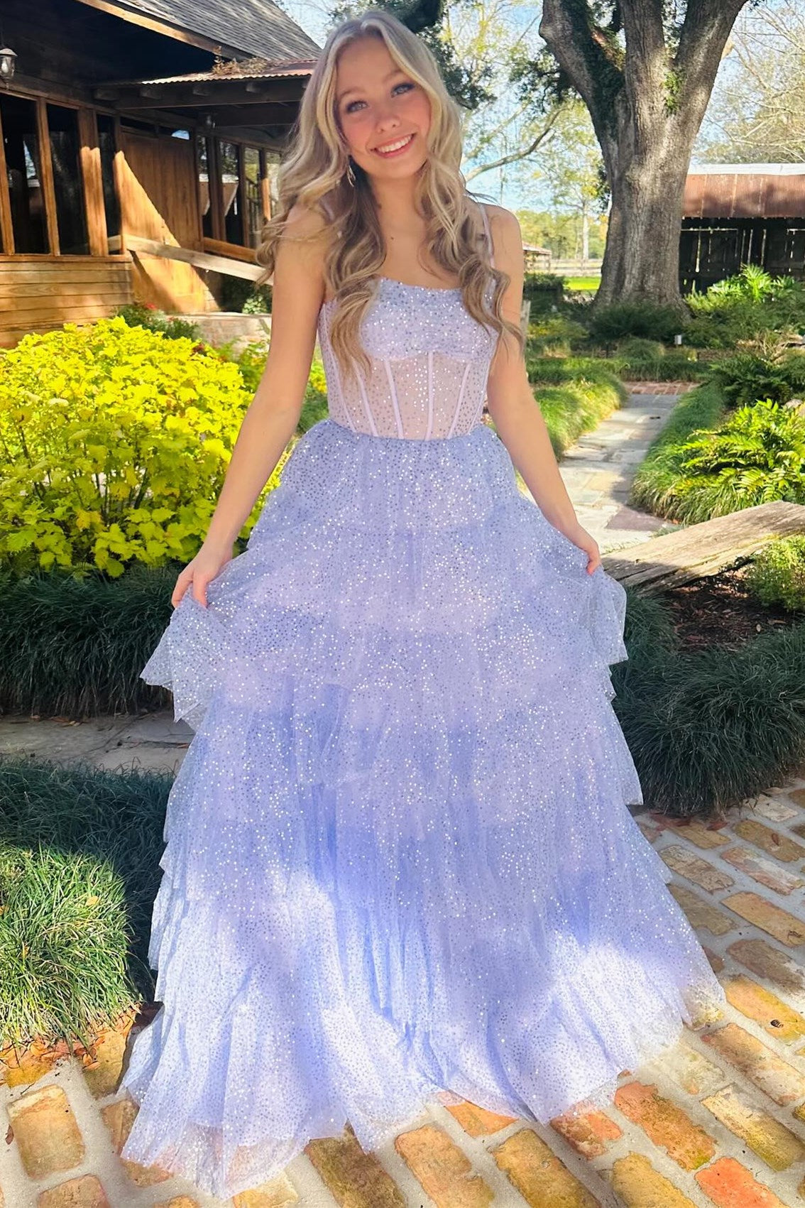 Lavender Tulle Sequin Ruffle Ruched Long Prom Dress