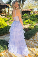 Lavender Tulle Sequin Ruffle Ruched Long Prom Dress