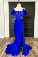 New Mermaid Sheath Satin Off The Shoulder Beaded Side Slit Long Prom Dresses With Feather