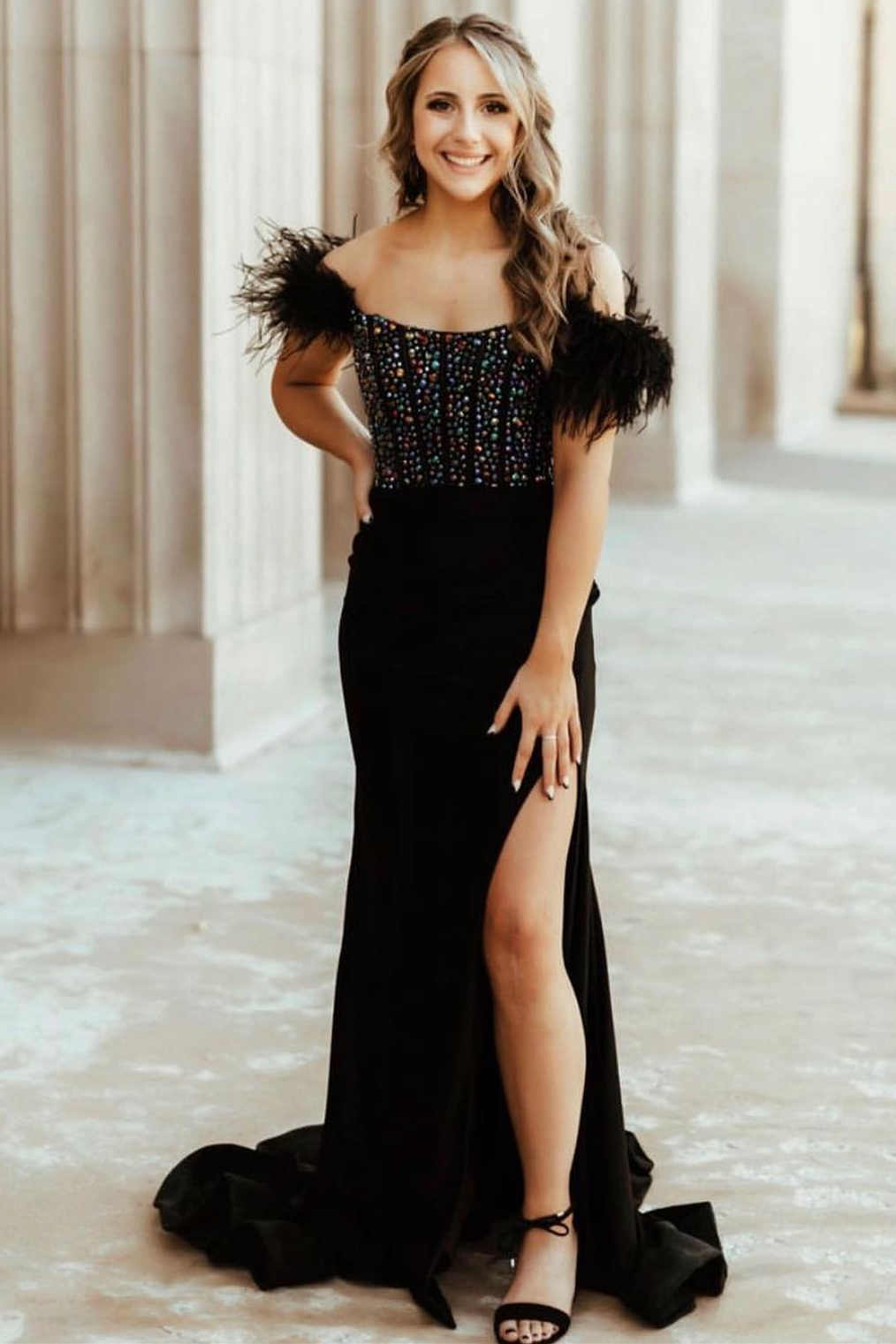 New Mermaid Sheath Satin Off The Shoulder Beaded Side Slit Long Prom Dresses With Feather