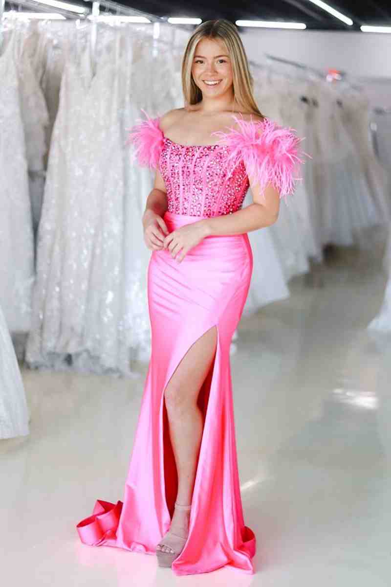 New Mermaid Sheath Satin Off The Shoulder Beaded Side Slit Long Prom Dresses With Feather