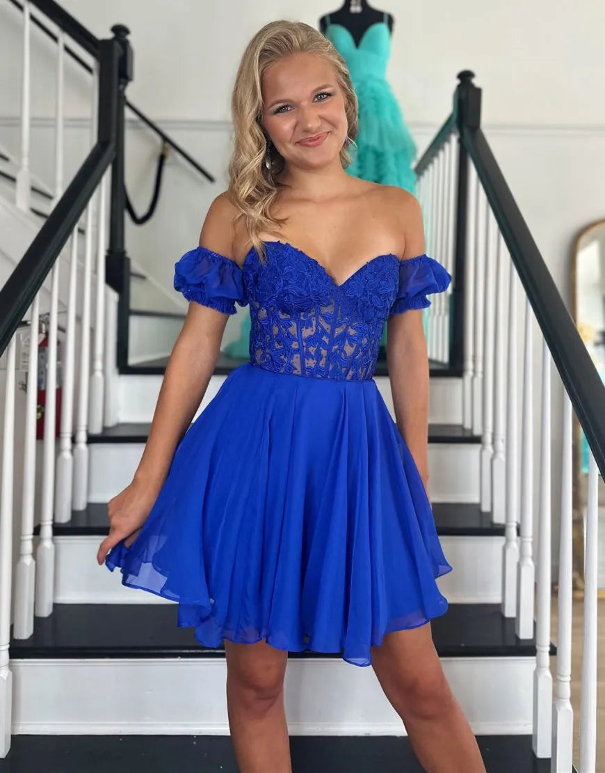 A Line Lace Off the Shoulder Homecoming Dress with Appliques